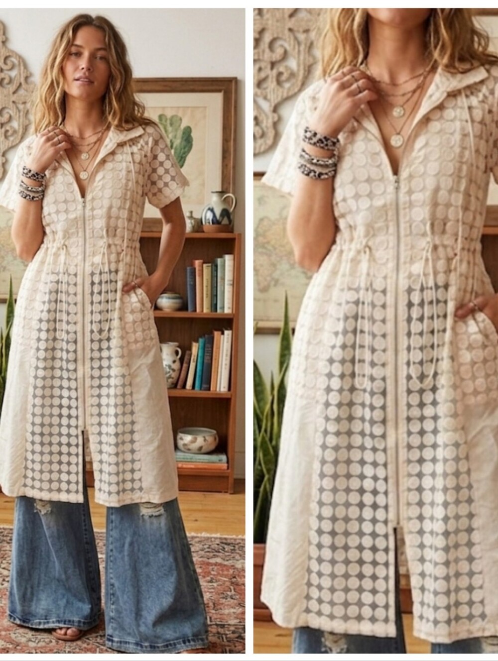 Light Cream Sheer Dot-Pattern Zip Front Duster